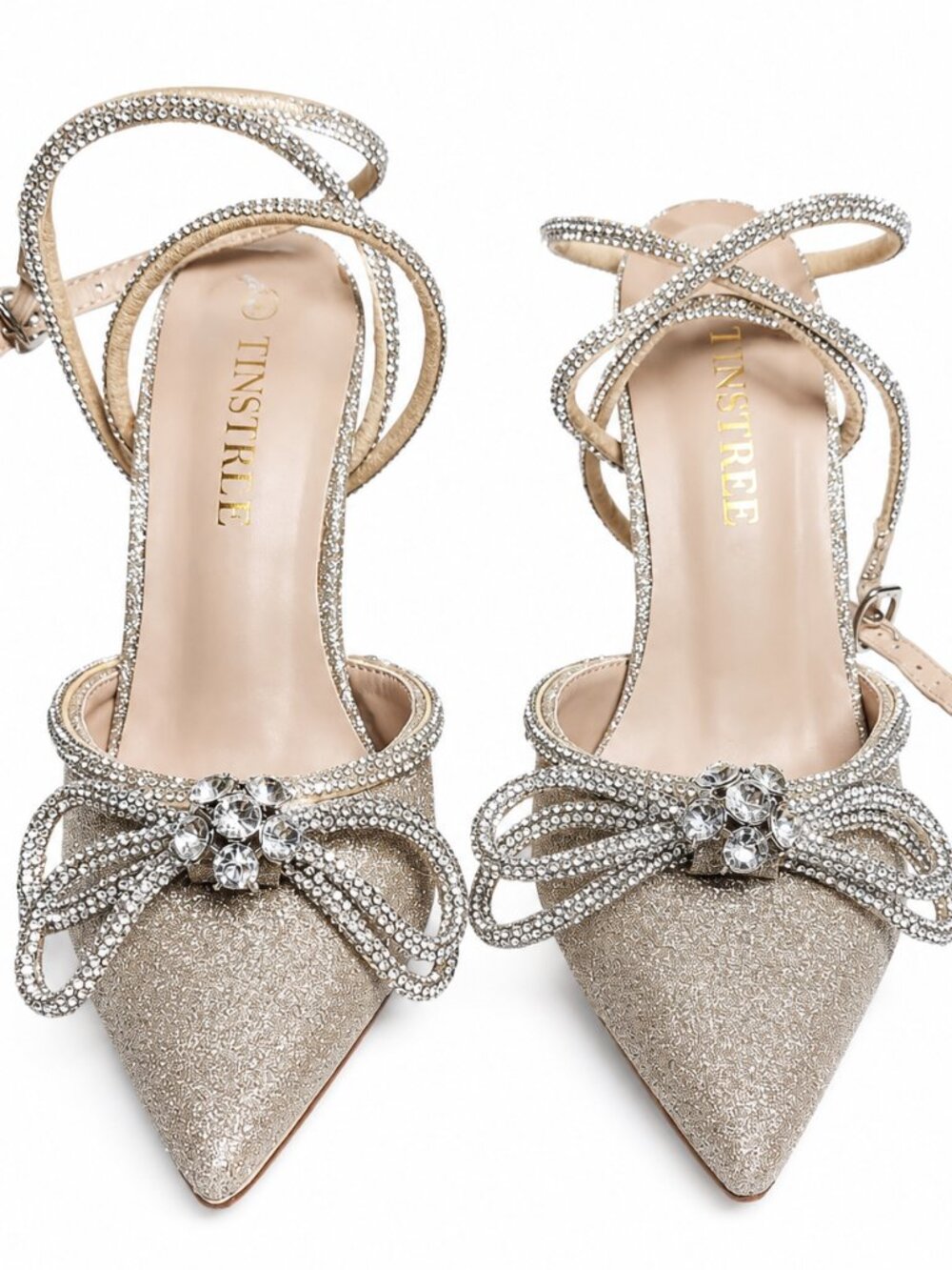 Sparkly Rhinestone Bow Heels – Gold Glitter Pointed Toe size 7 women's